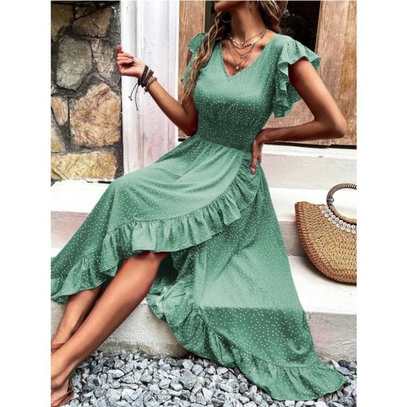 Green Polka Dot Print Butterfly Sleeved Shirred Ruffle Trim Wrap Hem Dress - Picture 7 of 7